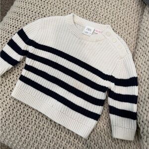 Zara Cream Crewneck Sweater with Black Stripes and Shoulder Buttons